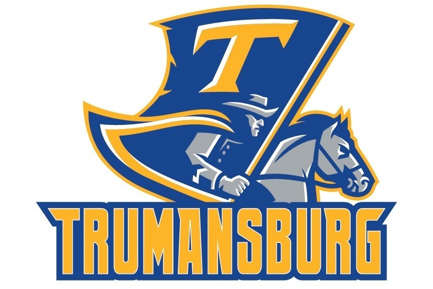 Trumansburg School District Logo, featuring a blue and yellow icon of a man riding a horse.